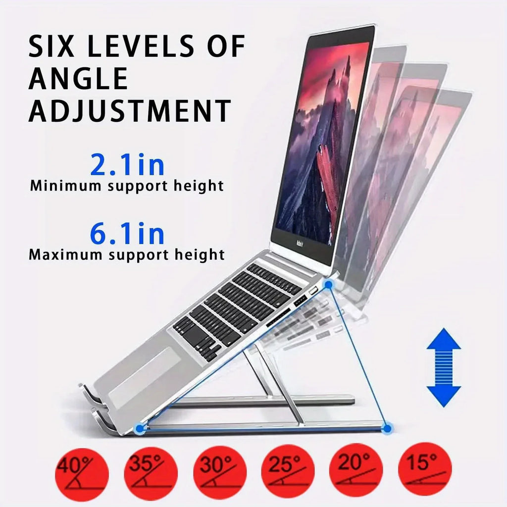 Adjustable Aluminum Laptop Stand For Macbook, Notbook- 6-Level Height, Foldable & Portable Design For 8-16” Laptops, Enhanced Ventilation & Heat