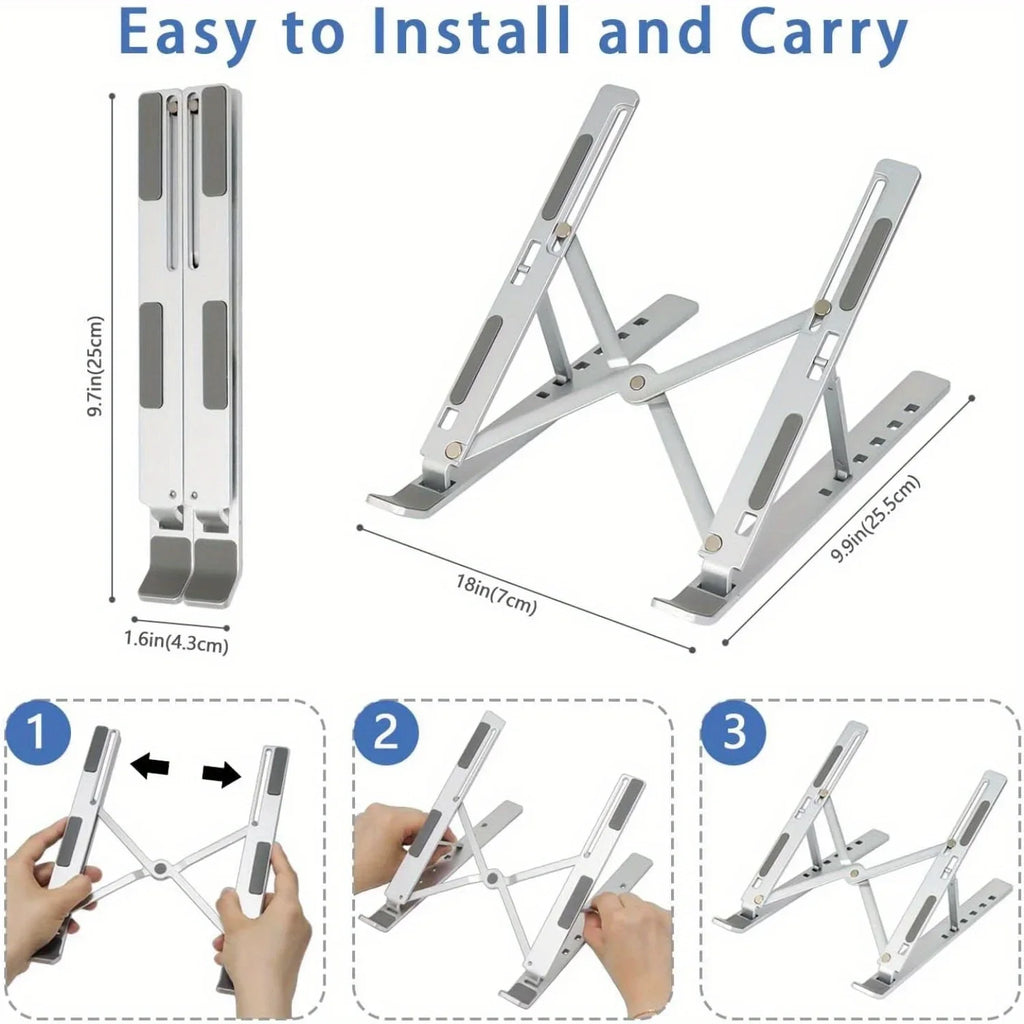 Adjustable Aluminum Laptop Stand For Macbook, Notbook- 6-Level Height, Foldable & Portable Design For 8-16” Laptops, Enhanced Ventilation & Heat