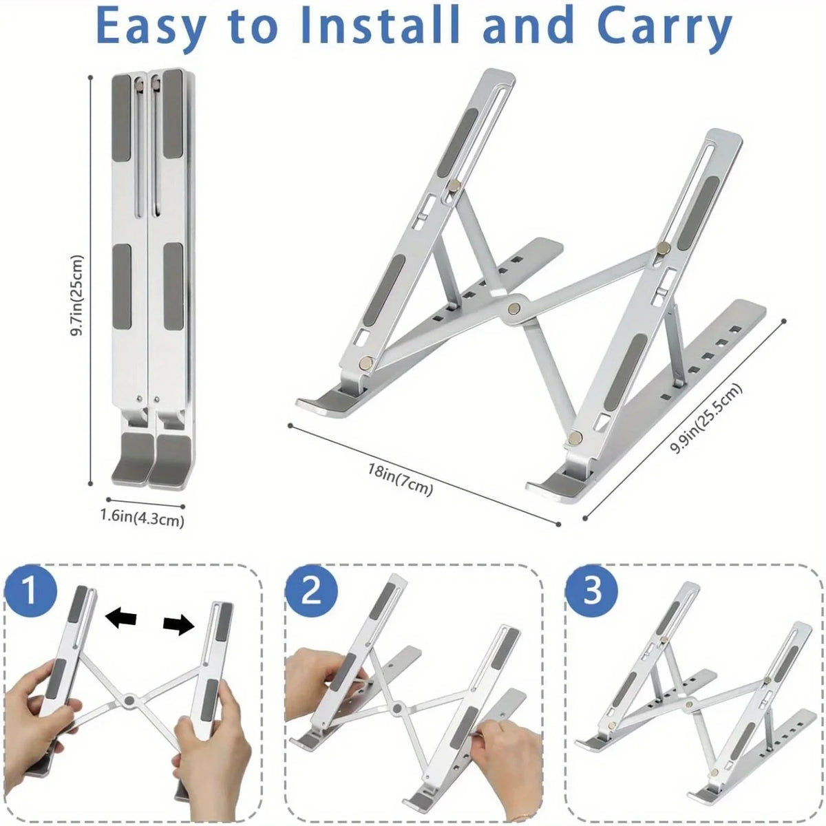 Adjustable Aluminum Laptop Stand For Macbook, Notbook- 6-Level Height, Foldable & Portable Design For 8-16” Laptops, Enhanced Ventilation & Heat