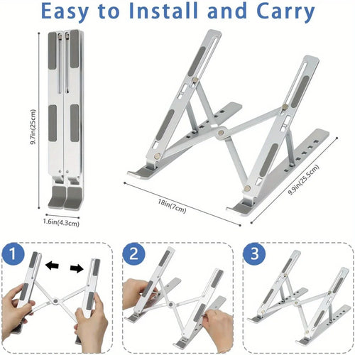 Adjustable Aluminum Laptop Stand For Macbook, Notbook- 6-Level Height, Foldable & Portable Design For 8-16” Laptops, Enhanced Ventilation & Heat