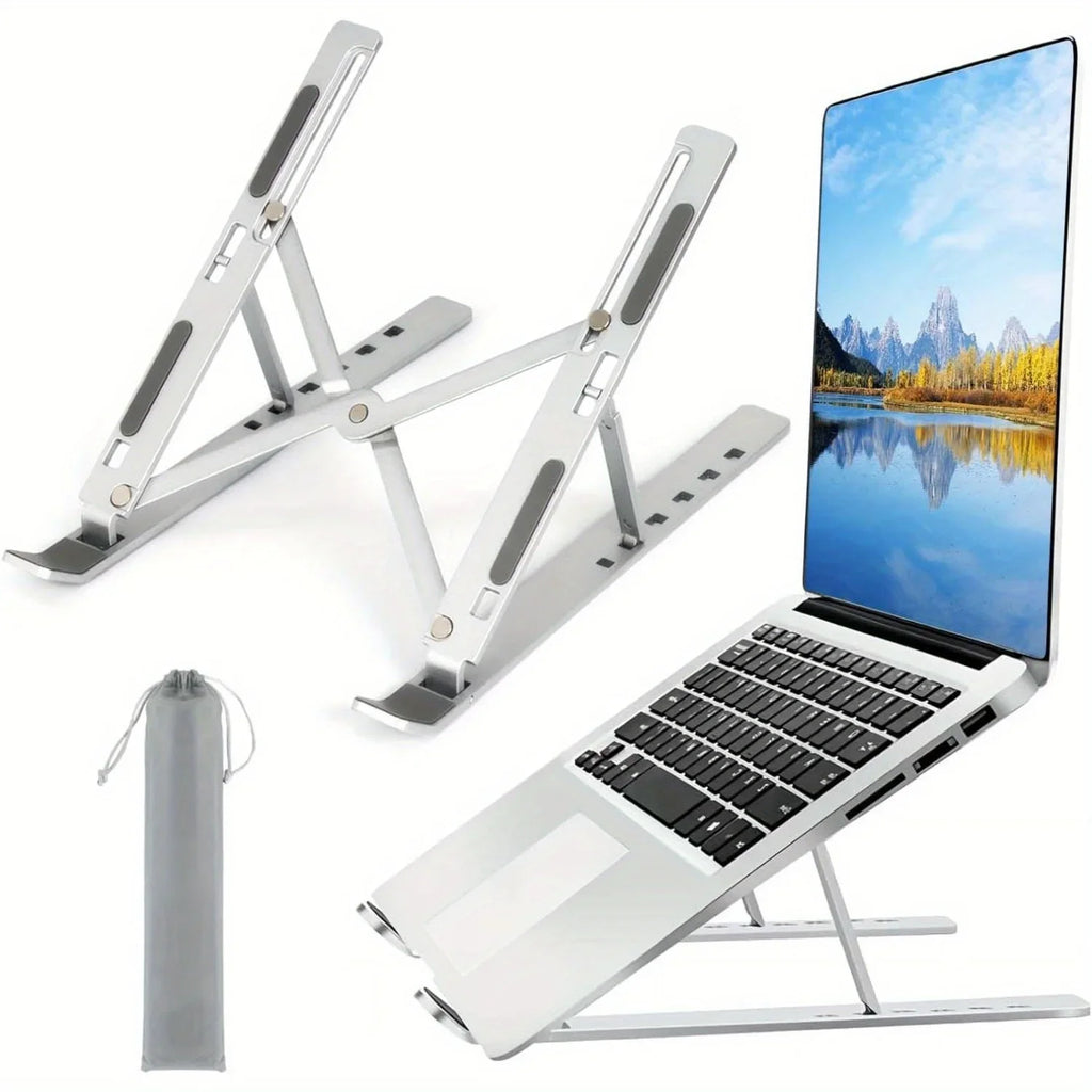 Adjustable Aluminum Laptop Stand For Macbook, Notbook- 6-Level Height, Foldable & Portable Design For 8-16” Laptops, Enhanced Ventilation & Heat